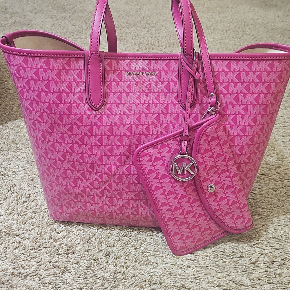 Michael Kors Pink Monogram Tote Bag with Wristlet